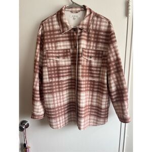 Workshop Womens Medium Plaid Brown and White Snap Button Jacket NEW